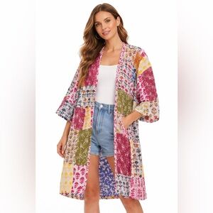 Floral Patchwork Kimono Art to Wear Robe - Multicolor & Reversible